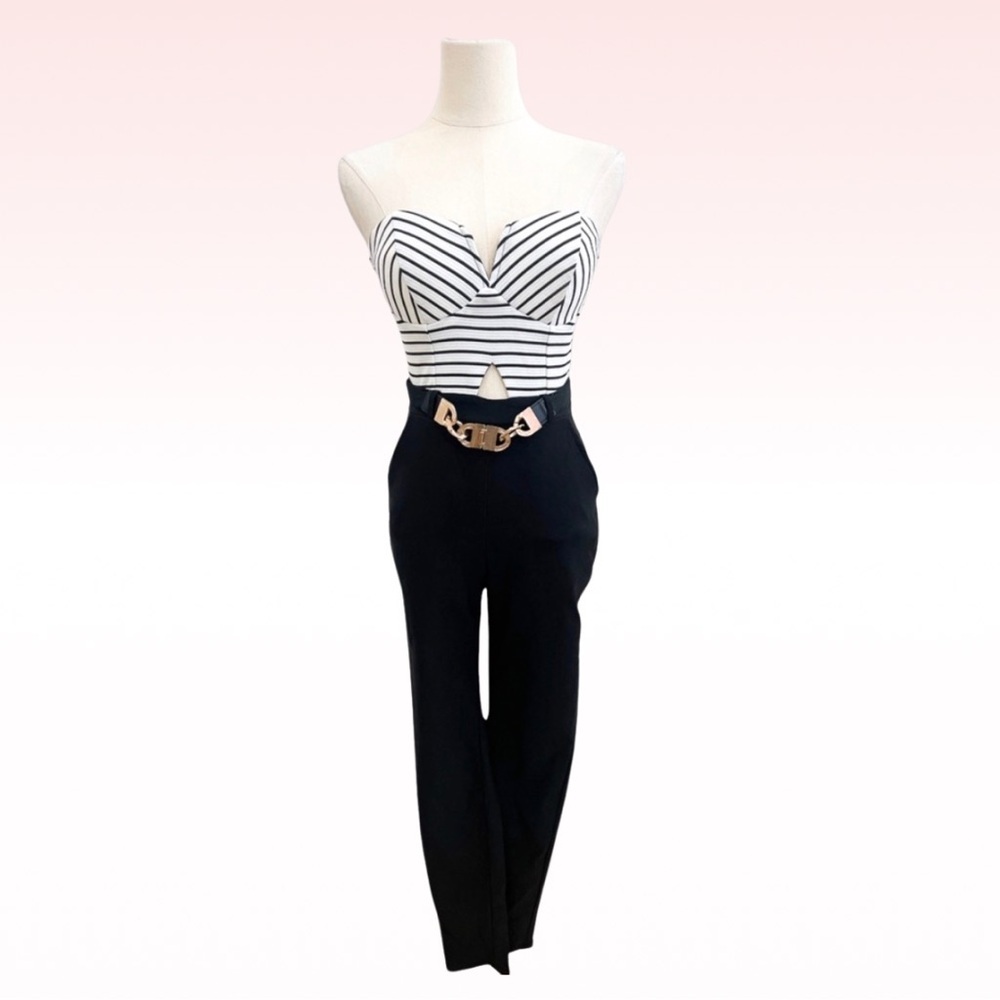 MATERIAL GIRL Strapless Striped Print 
Black & White Belted Jumpsuit